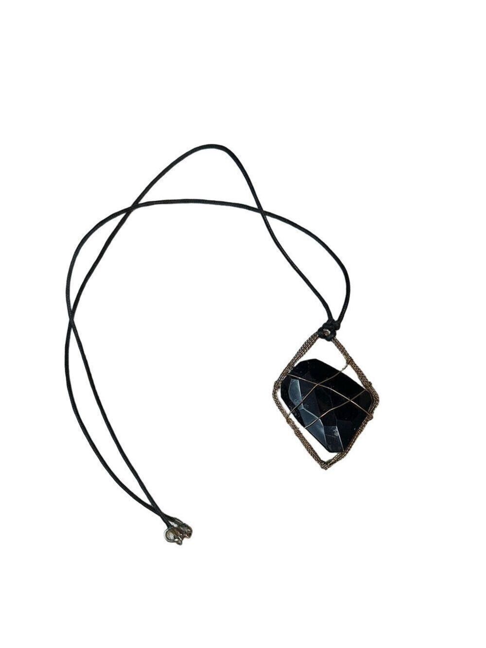 Handcrafted Black Gemstone Wire-Wrapped Pendant Necklace